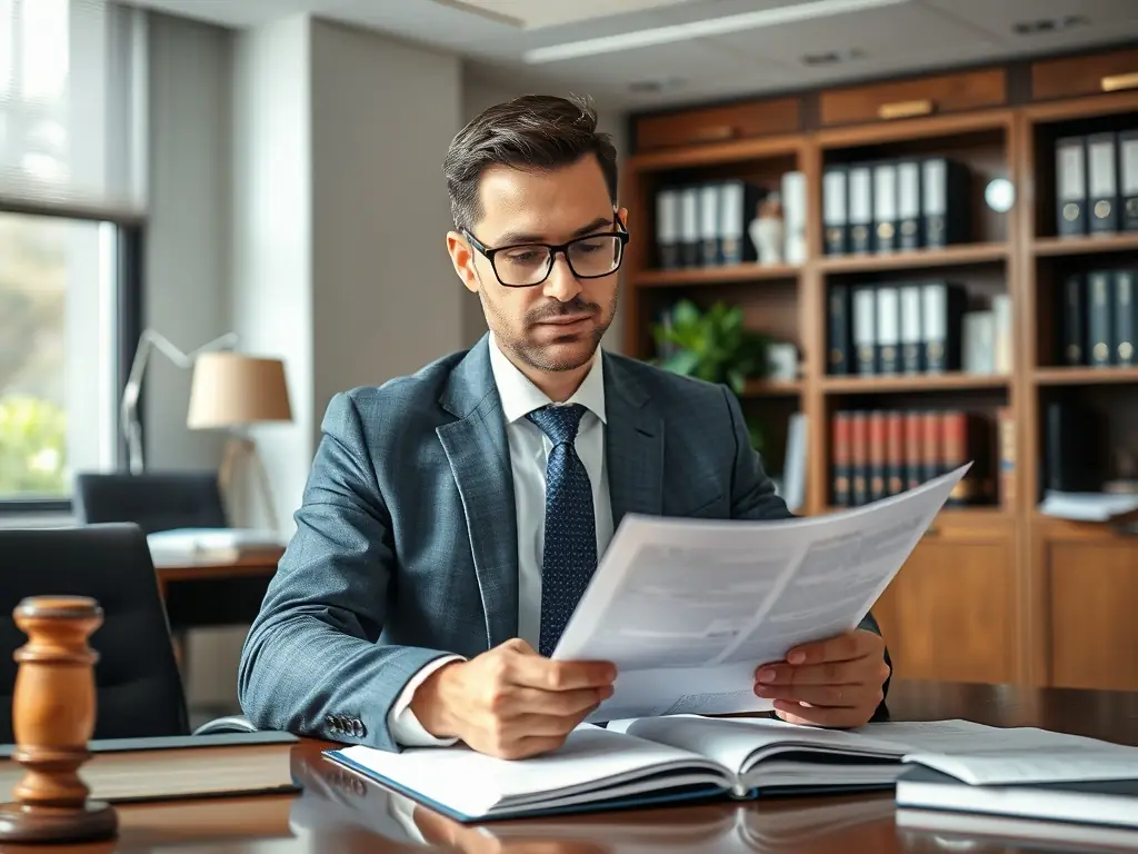 A lawyer in a modern office setting, reviewing legal documents with a focused expression, symbolizing the importance of understanding legal regulations.